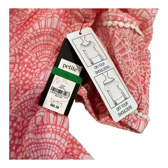 Crown & Ivy Women sz L Petite  Coral Top Blouse Tie Collar Neck Crochet Detail - Picture 5 of 15